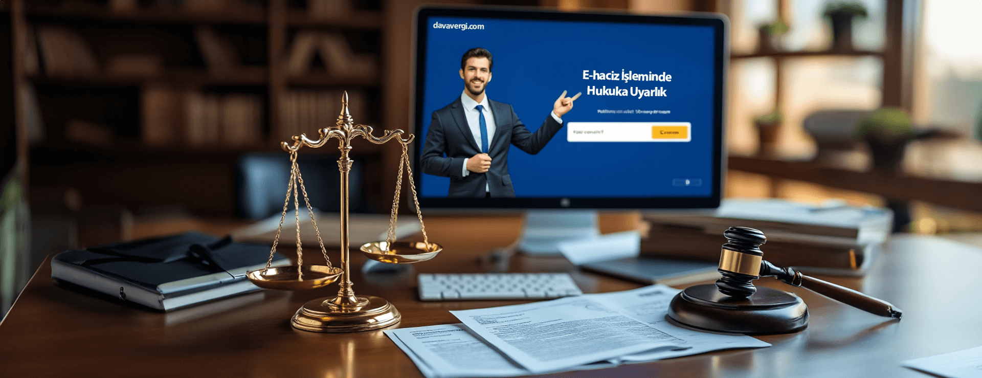 Bu görsel, vergi hukuku kapsamında e-haciz işlemlerinin iptali ve hukuka aykırılığıyla ilgili bir mahkeme kararını temsil eder. Adalet terazisi, yasal belgeler ve bir avukatın inceleme süreci öne çıkarılmıştır